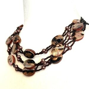 Multi Layer Shell Wood And Glass Beaded Choker Style Necklace